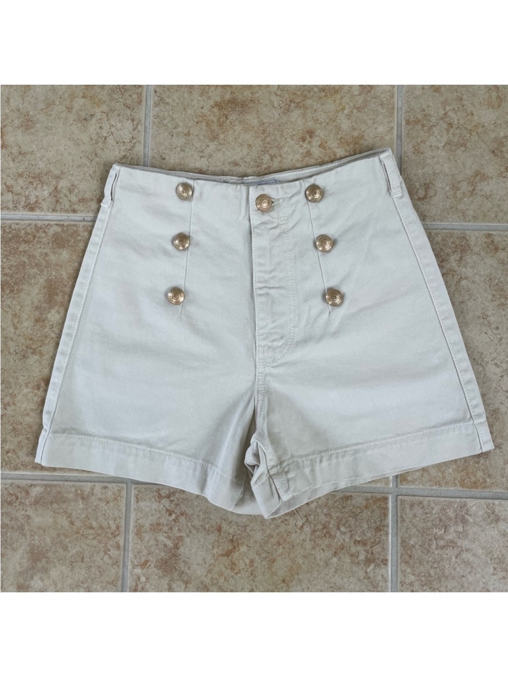 Zara High Waist Cream Sailor Shorts with Gold Buttons